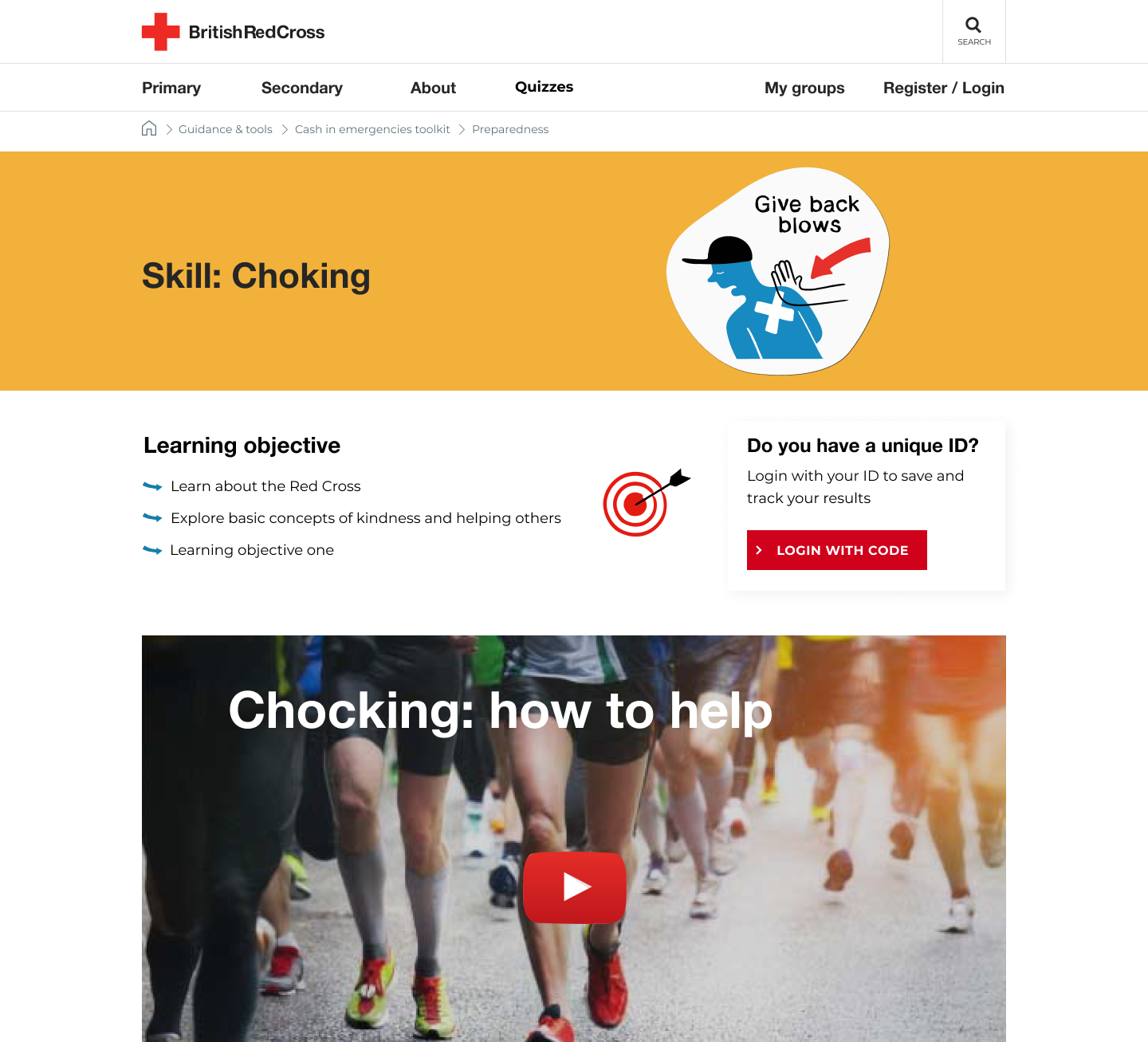 First Aid Champion digital learning platform showing a choking skill module with learning objectives and video content