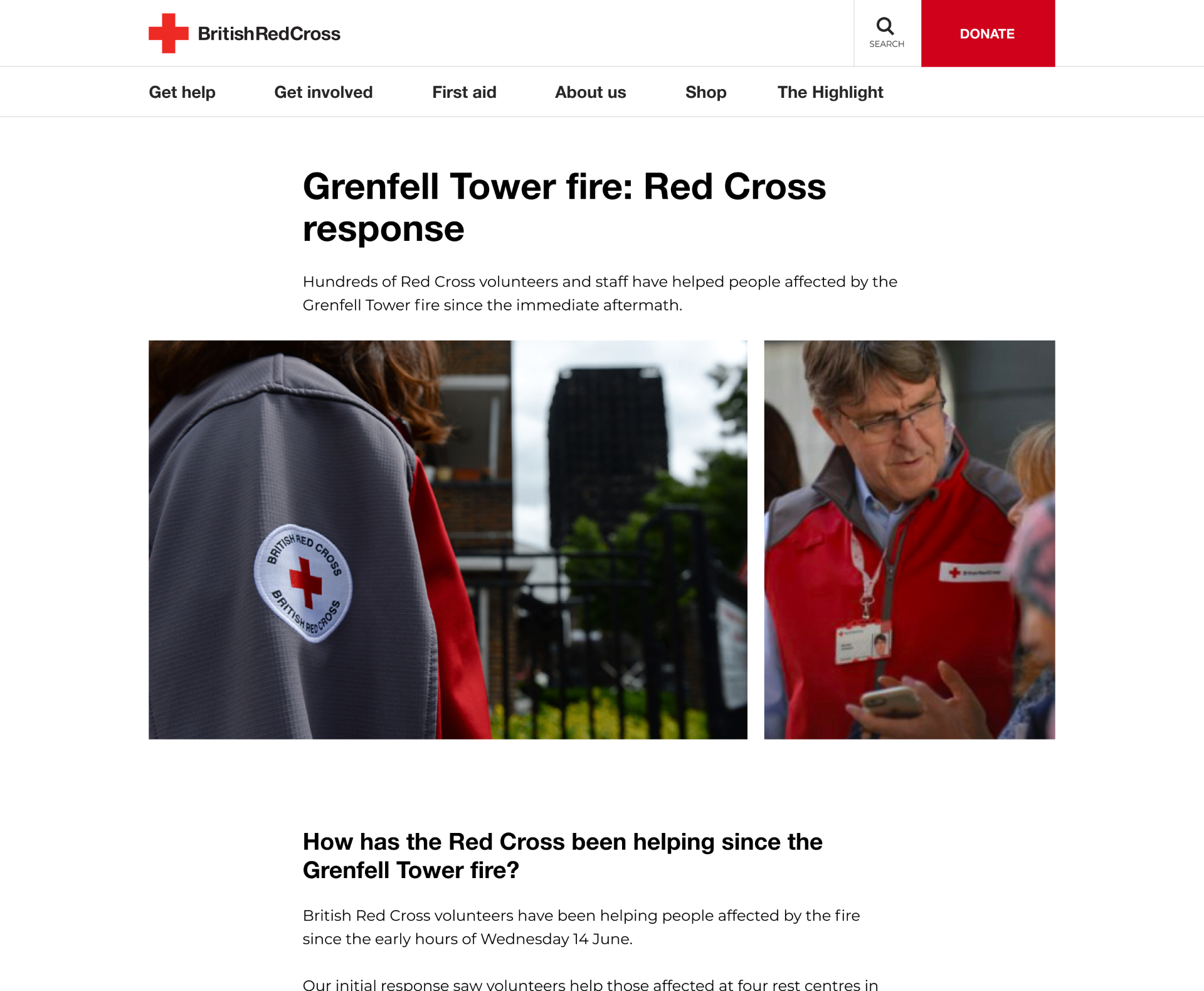 Grenfell Tower fire response story page with immersive photography and narrative content