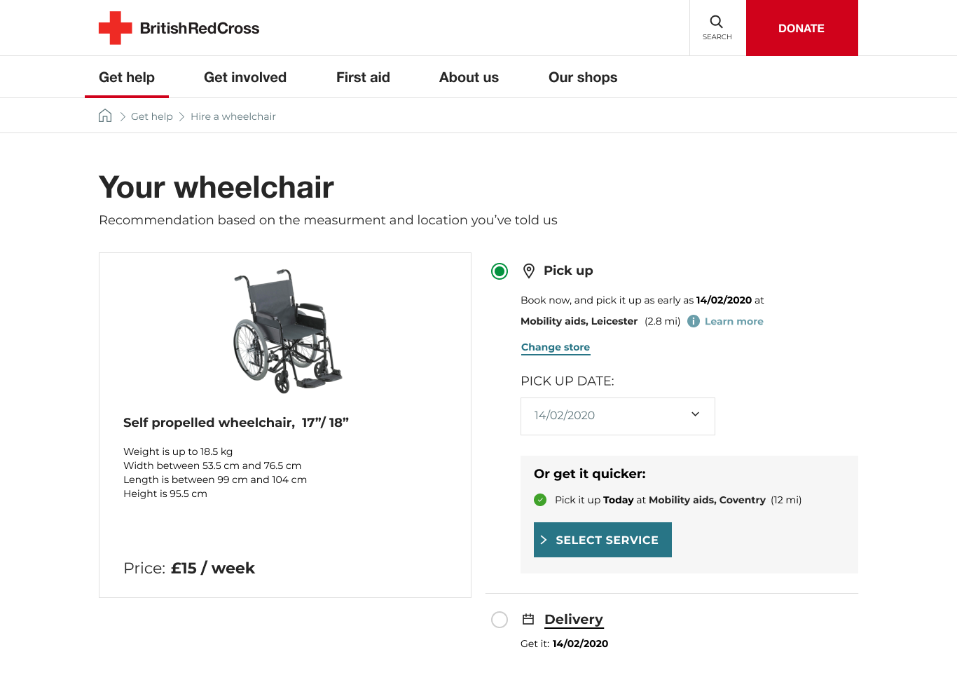 British Red Cross wheelchair hire booking page showing product selection, pick-up options, and delivery details