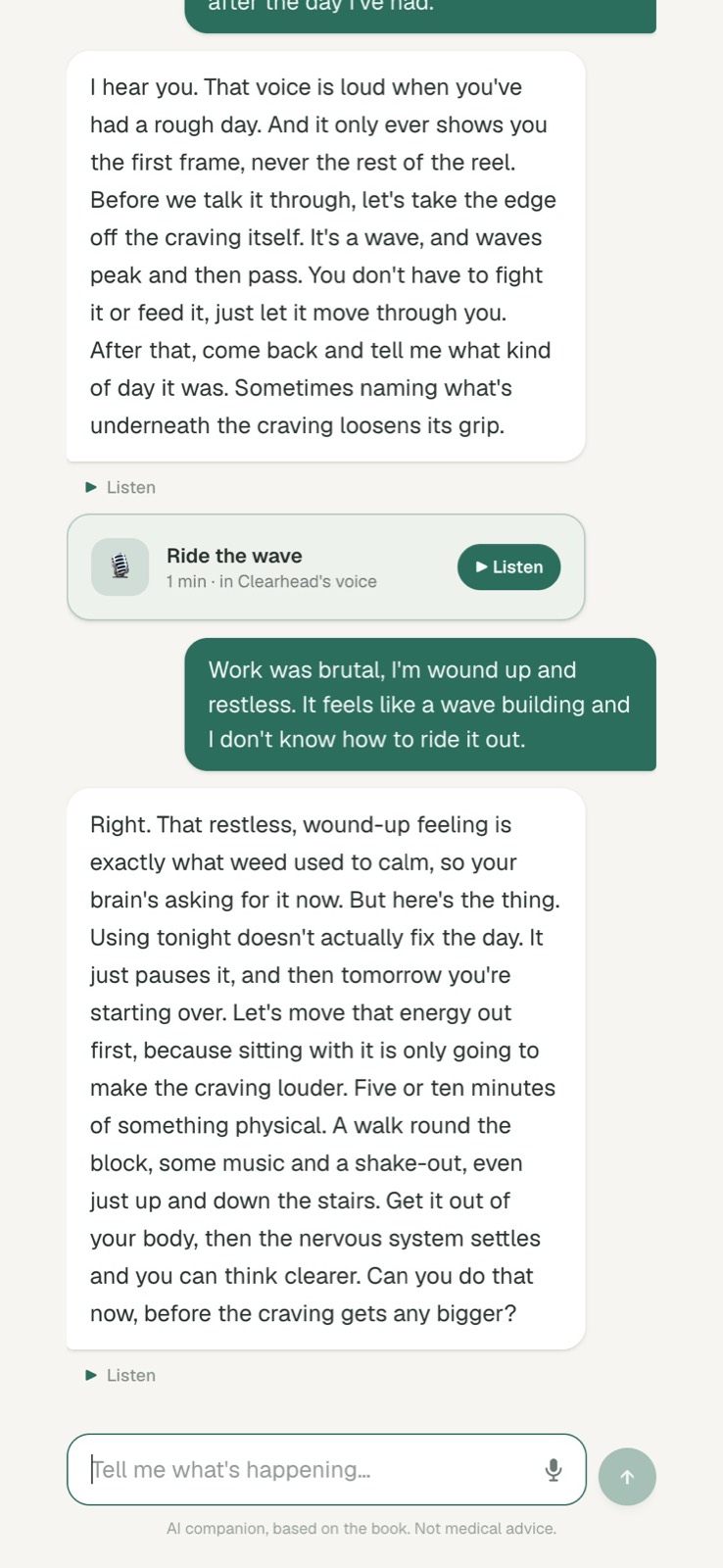 CannabisReset companion chat applying urge surfing and cognitive reframing to a late-night craving