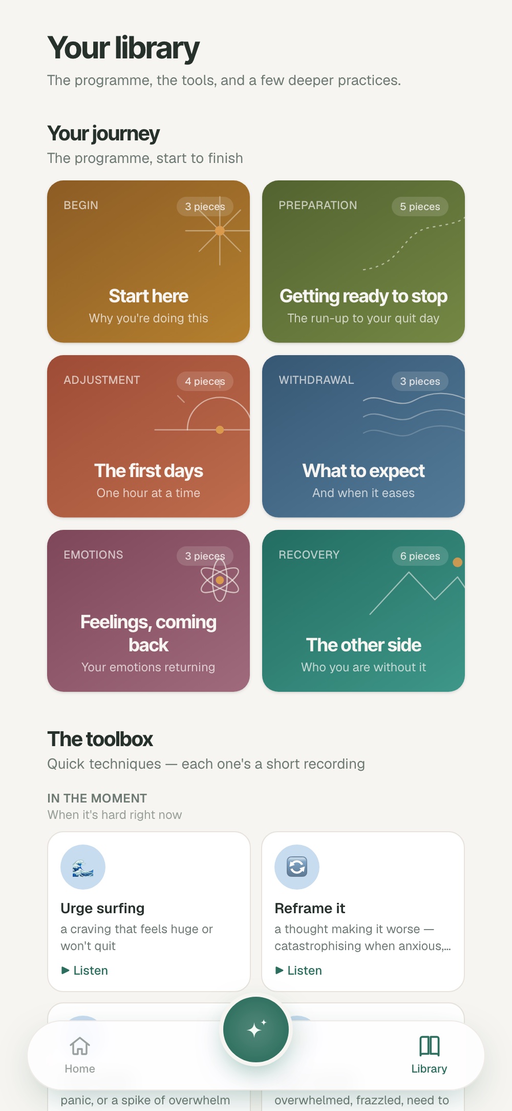 CannabisReset library screen showing the programme journey and toolbox