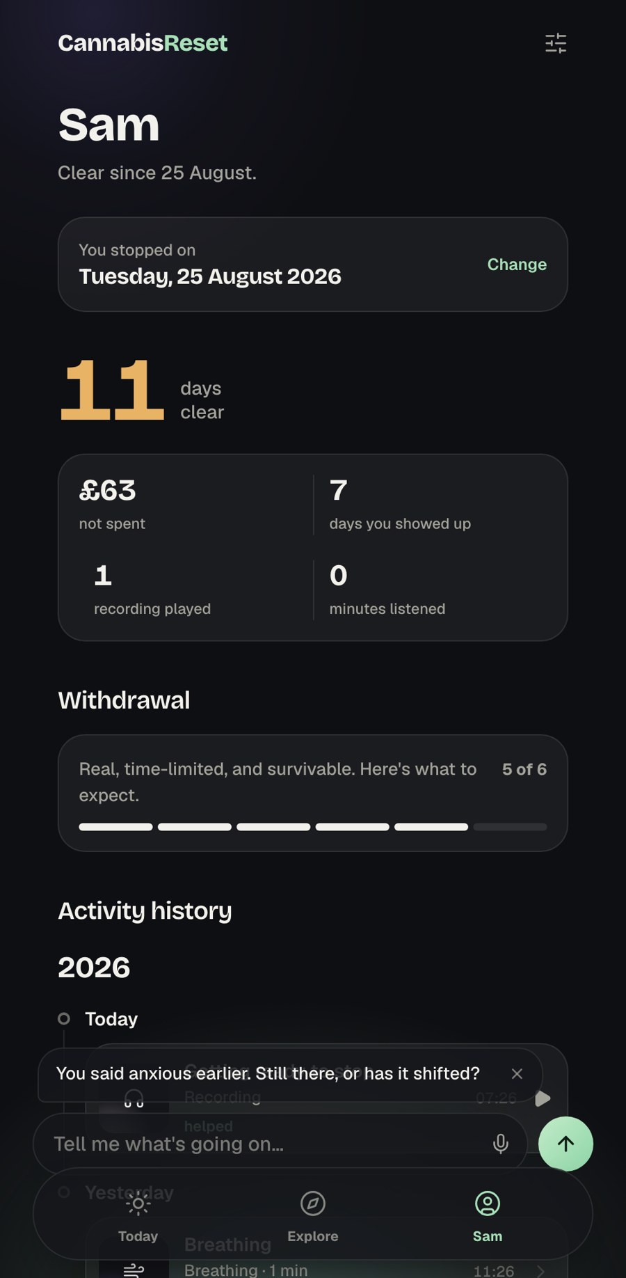 CannabisReset progress screen showing days clear, money not spent, withdrawal timeline and activity history