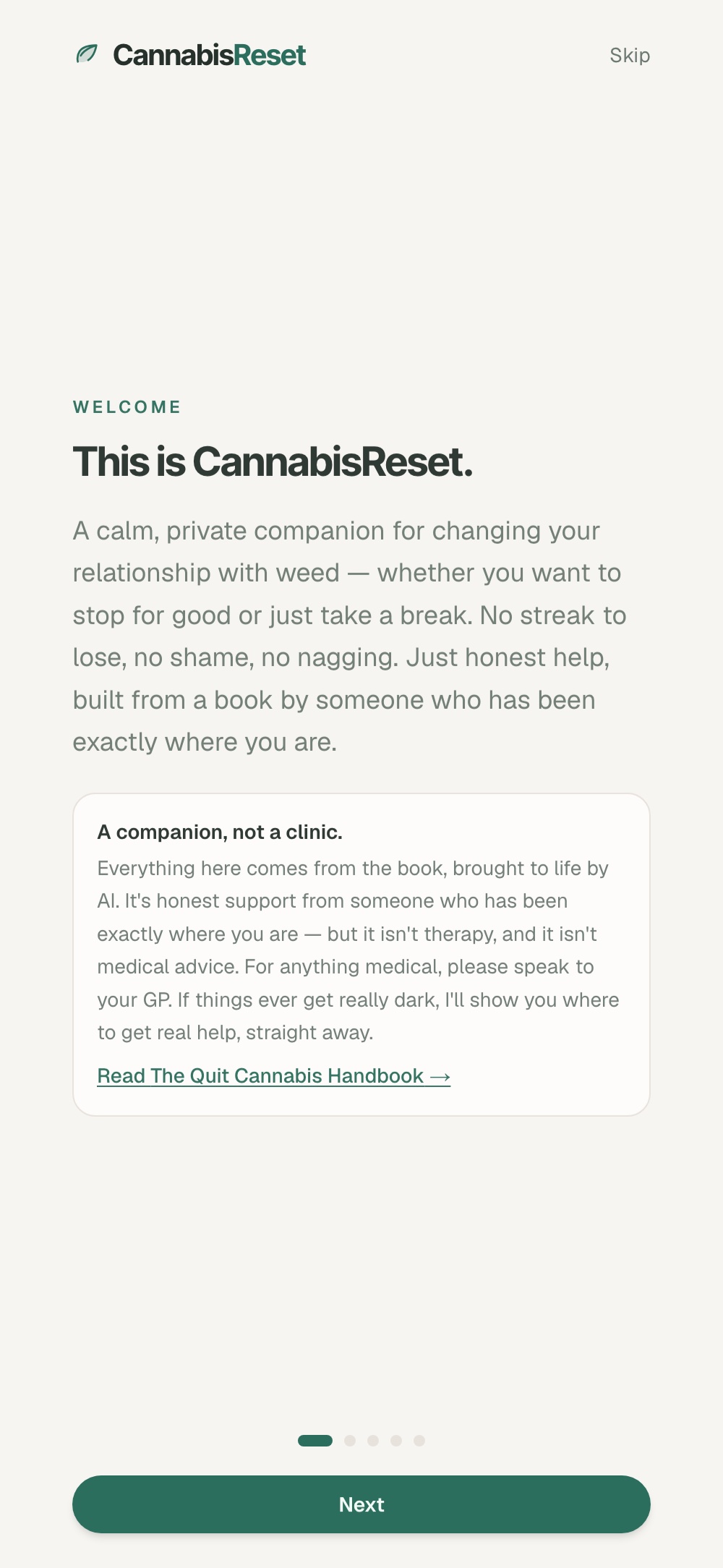 CannabisReset welcome screen introducing the companion