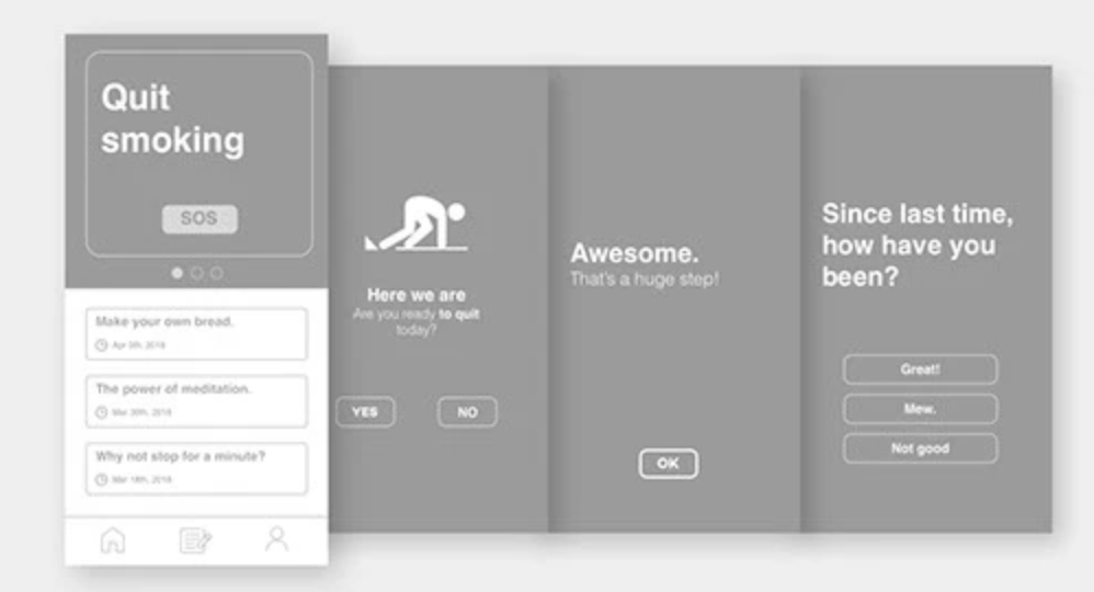 Lify app wireframes showing quit smoking journey, behavioral prompts, and check-in screens