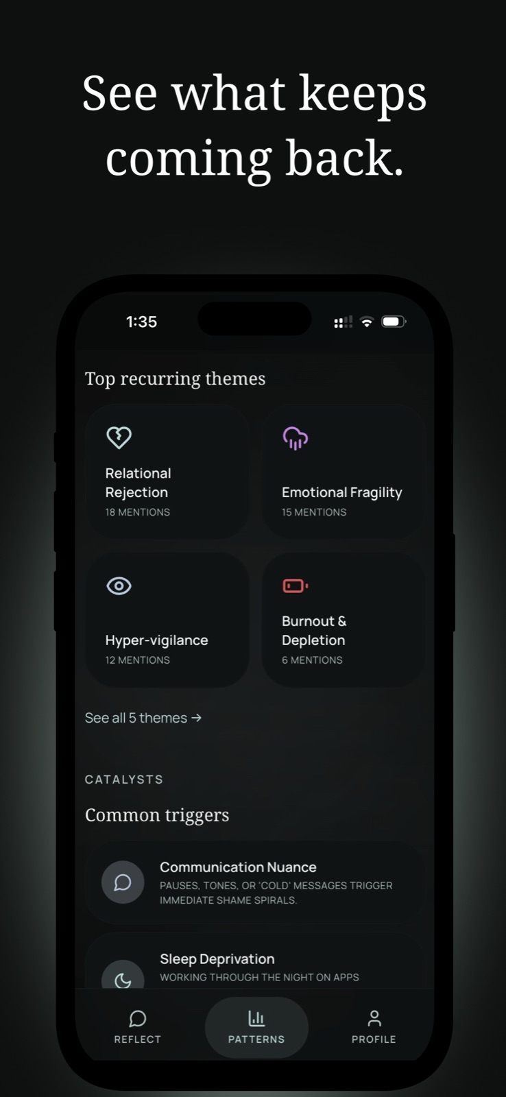 Loop Mind patterns screen showing recurring themes and common triggers