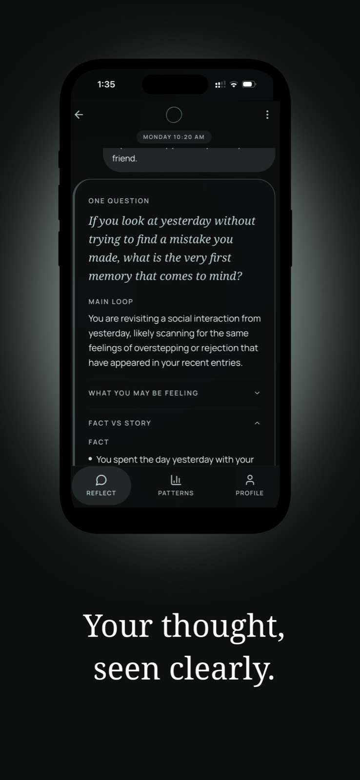 Loop Mind reflection screen showing a structured breakdown of an entry