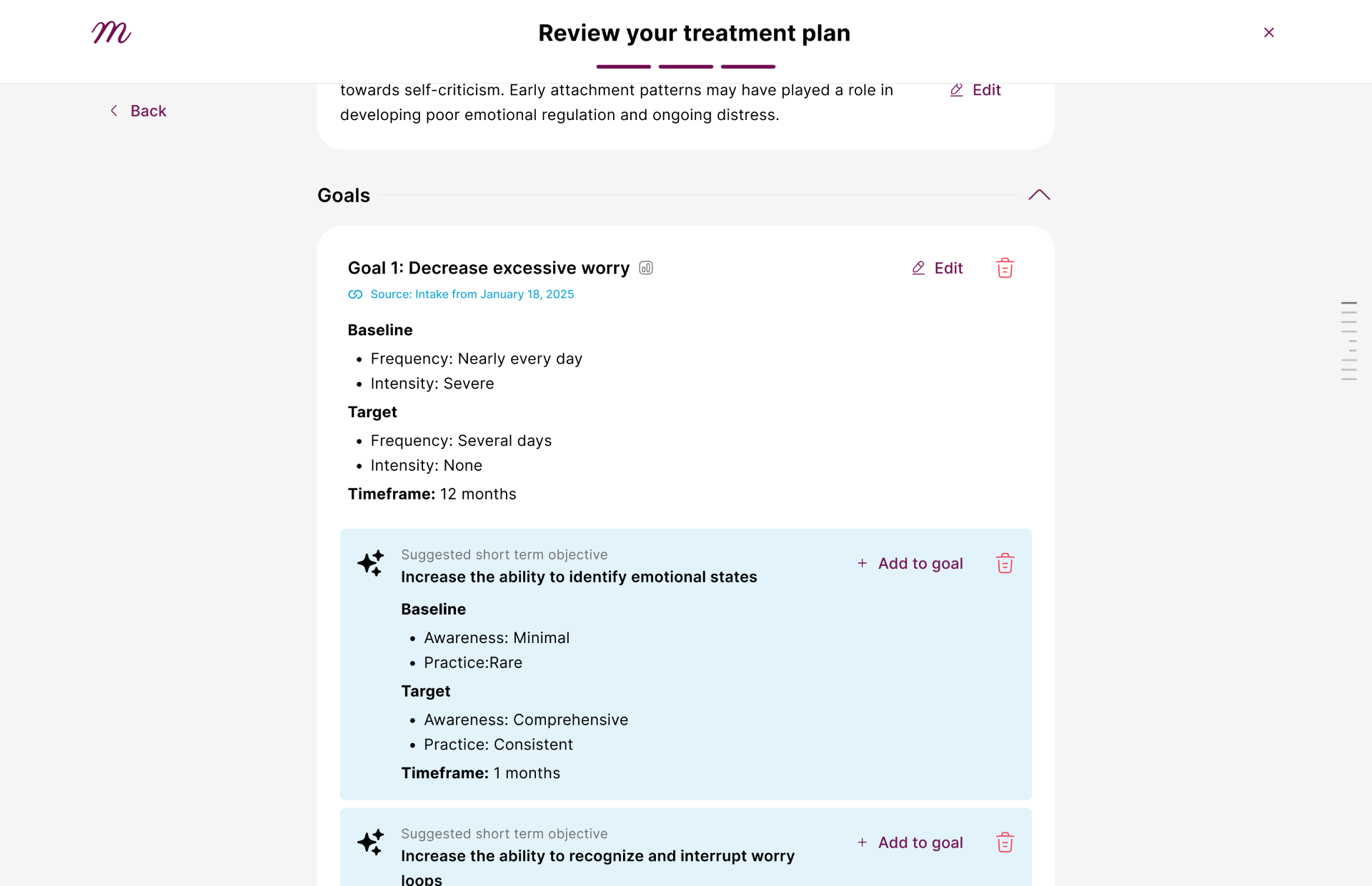 Mentalyc treatment plan review with goals and suggested objectives