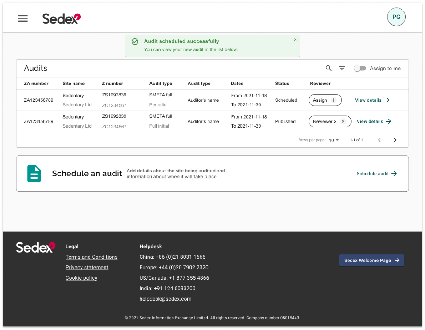 Sedex unified audit workspace showing audit list, scheduling, and status management