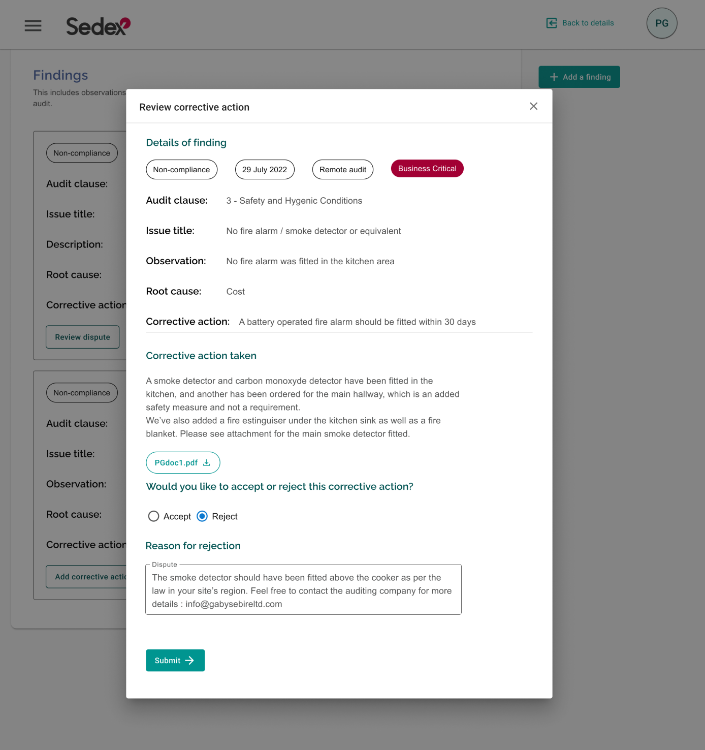Sedex findings and corrective action review interface