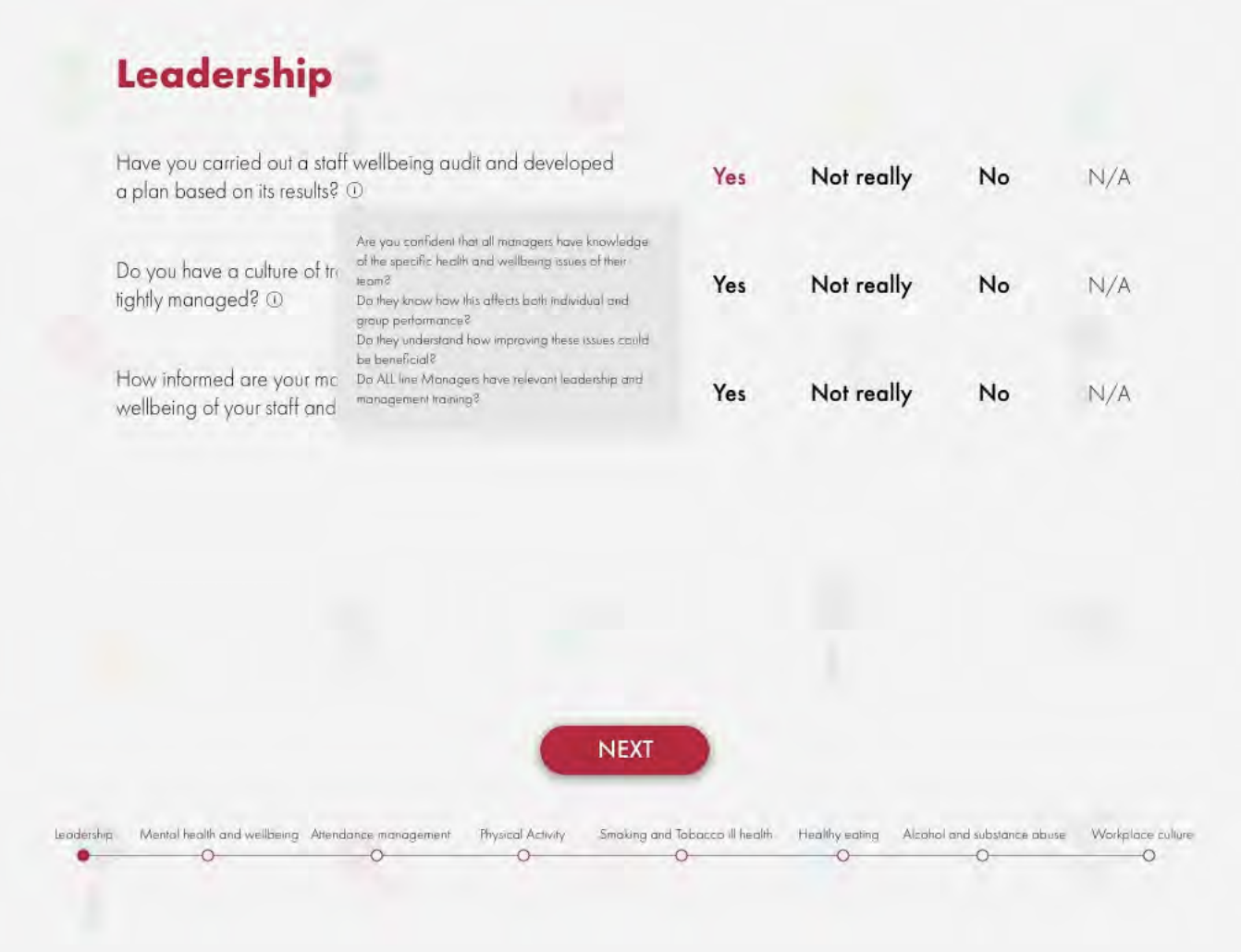 Workforce health assessment questionnaire showing leadership section with multi-choice responses and progress tracker