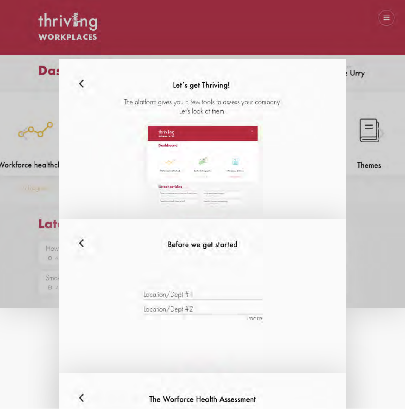 Platform onboarding flow showing guided walkthrough and department setup